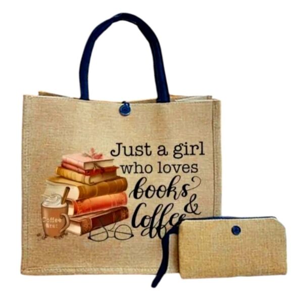 Cream and Tan Book Lover's Tote Bag - Picture 1 of 5